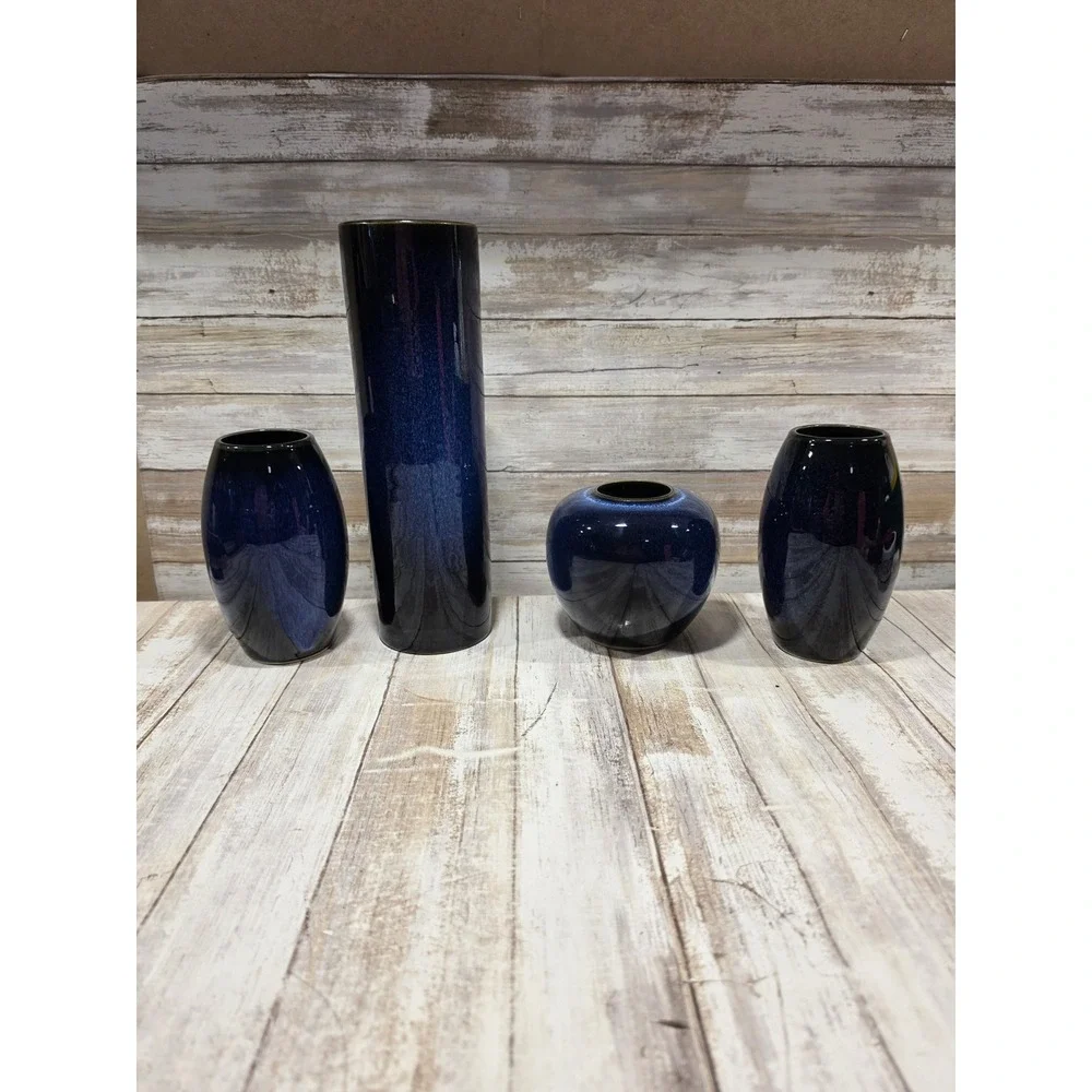 Vintage 4pc OMC Otagiri Japan Blue Midnight Speckled Art Pottery‎ Vase Set MCM